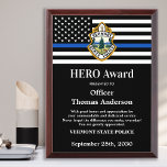 Police Department Custom Logo HERO Officer  Award Plaque<br><div class="desc">Celebrate and show your appreciation to an outstanding Police Officer with this Thin Blue Line Police HERO Award - American flag design in Police Flag colors , modern black blue design with custom police department logo. Personalize this police officer award with officers name, text with law enforcement department name, logo...</div>
