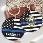 Police Department Custom Logo Name Law Enforcement Keychain<br><div class="desc">Thin Blue Line Police Department Keychain - American flag in Police Flag colors, modern black and blue design . Customize with your department logo, and personalize with police officers name. This personalized law enforcement keychain is perfect for police departments and law enforcement officers, promotional ideas, or gifts to your police...</div>