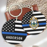 Personalized Thin Blue Line Sheriff Badge Keychain, Sheriff Badge