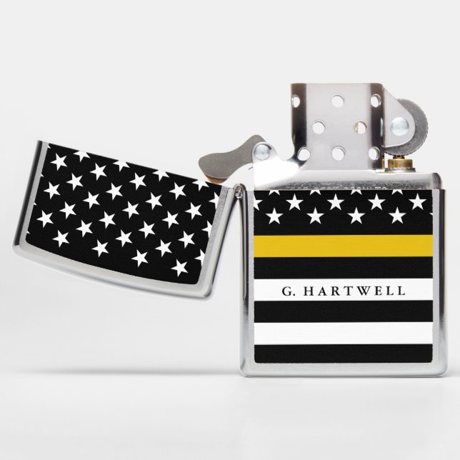 Police Dispatcher Styled American Flag Custom Name Zippo Lighter (Opened)