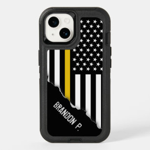 Police Dispatcher Thin Gold Line Flag Custom Name OtterBox iPhone 14 Case
