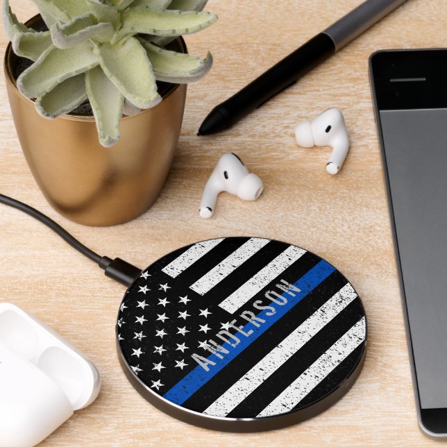 Police distressed Thin Blue Line with name Wireless Charger (Desk 2)