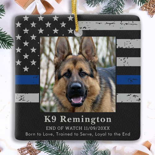 Police Dog K9 Memorial Photo EOW Thin Blue Line Ceramic Ornament