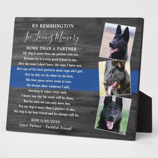 Police Dog Memorial Personalize K9 Officer 3 Photo Plaque (Side)