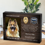 Police Dog Retirement Appreciation K9 Officer Wooden Box Sign<br><div class="desc">Honor your best partner and police dog for his dedicated years of service with this Thin Blue Line Police Dog Retirement Appreciation Photo plaque wooden box sign. Personalize with your police K9 officer's photo, name, personal message, service dates and service years. Also personalize with badge, department logo or seal. Perfect...</div>