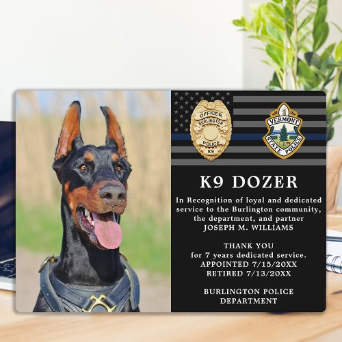 Police Dog Retirement Thin Blue Line K9 Photo  Plaque