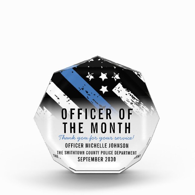 Police Employee of the Month Thin Blue Line Flag Acrylic Award (Front)