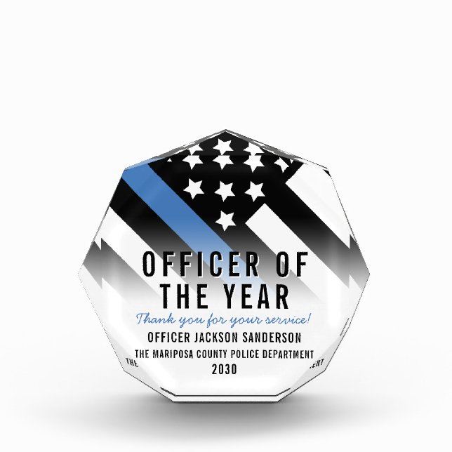 Police Employee of the Year Blue Line Flag Acrylic Award (Front)