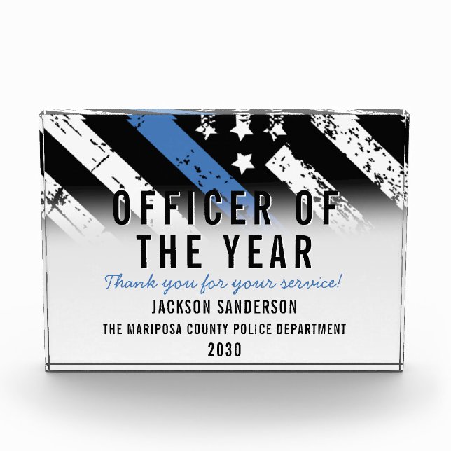 Police Employee of the Year Blue Line Flag Acrylic Award (Front)