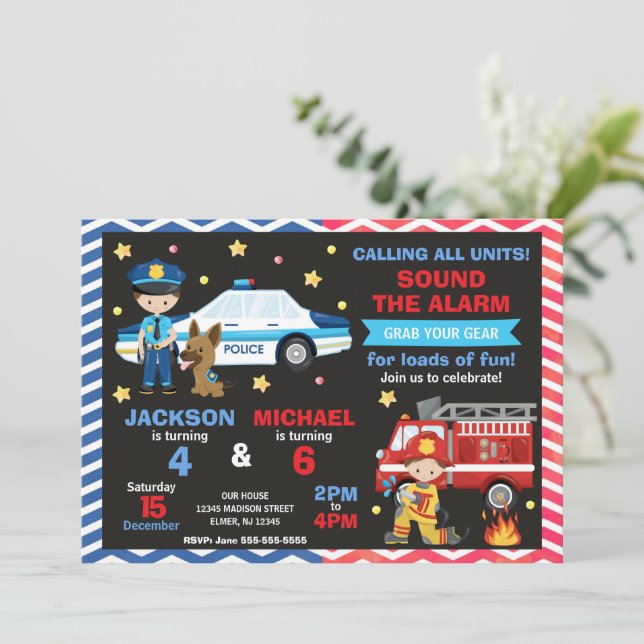 Police & Firefighter Joint Birthday Invitation (Standing Front)