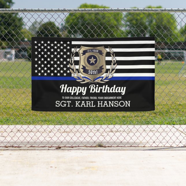 Police Flag Thin Blue Line Happy Birthday Banner (Insitu)