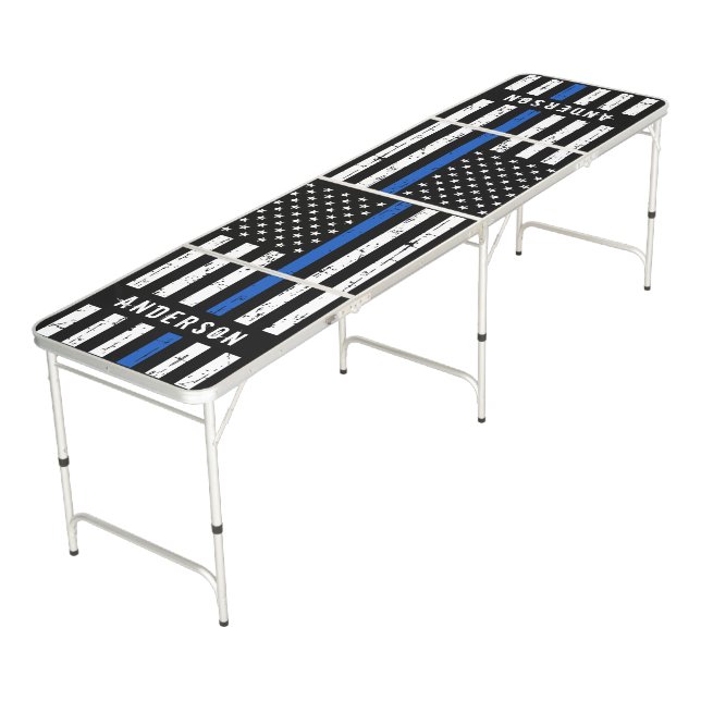 Police Flag Thin Blue Line Personalized Beer Pong Table (Angled)