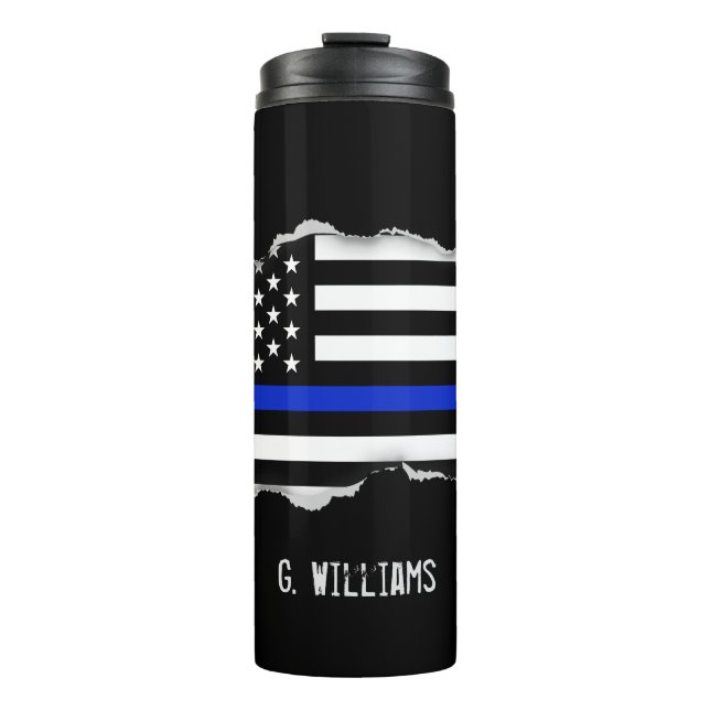 Police Flag Torn Out Look Custom Name Thermal Tumbler (Front)