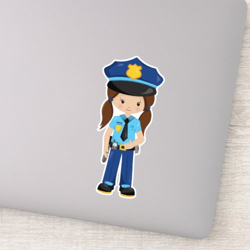 Police Girl Police Officer Cop Brown Hair Sticker
