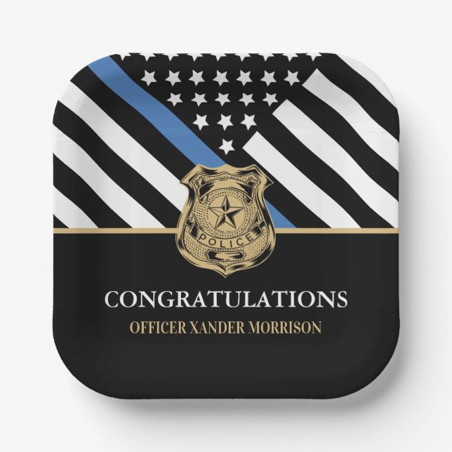 Police Graduation Blue Line Flag Congratulations Paper Plates (Front)