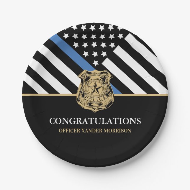Police Graduation Blue Line Flag Congratulations Paper Plates (Front)