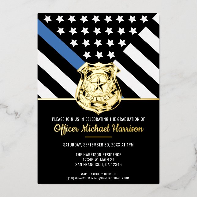 Police Graduation Blue Line Flag Law Enforcement Foil Invitation (Front)
