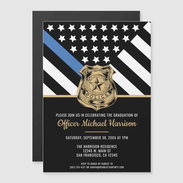 Police Graduation Blue Line Flag Law Enforcement Magnetic Invitation (Front/Back)