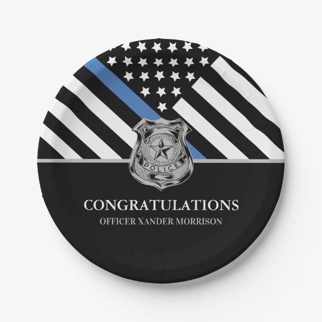 Police Graduation Blue Line Flag Law Enforcement Paper Plates (Front)