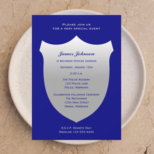 Police Graduation Invitations Silver Badge on Navy