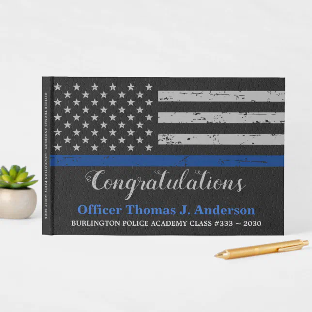 Police Graduation Leather Thin Blue Line Party Guest Book | Zazzle