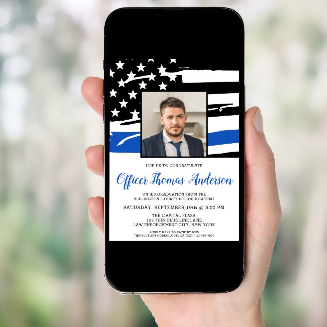 Police Graduation Officer Photo Thin Blue Line  Invitation (Front Digital)