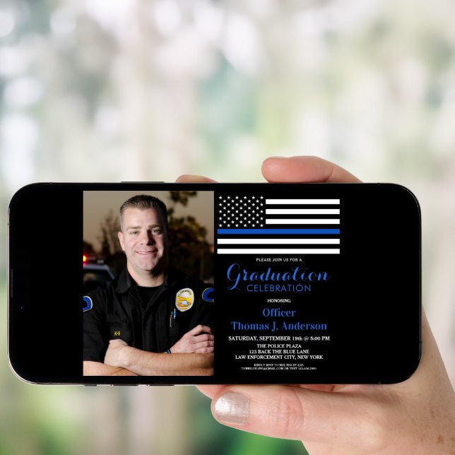 Police Graduation Officer Photo Thin Blue Line Invitation (Front Digital)