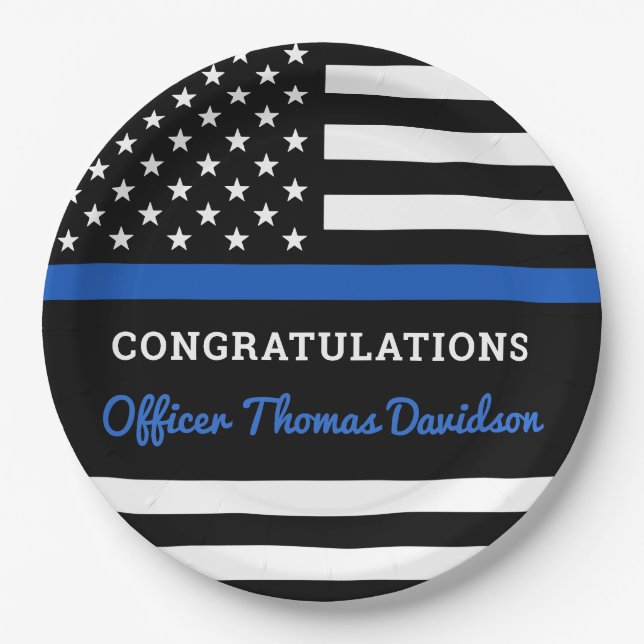Police Graduation Party Modern Thin Blue Line Flag Paper Plates (Front)