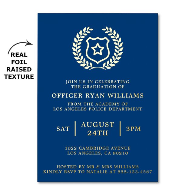 Police Graduation Party Navy Officer Badge Foil Invitation (A police graduation party invitation featuring a real foil raised texture)