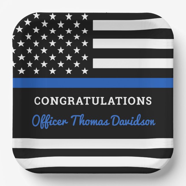 Police Graduation Party Thin Blue Line Flag Paper Plates (Front)