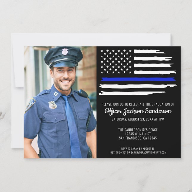 Police Graduation Party Thin Blue Line Photo Invitation (Front)