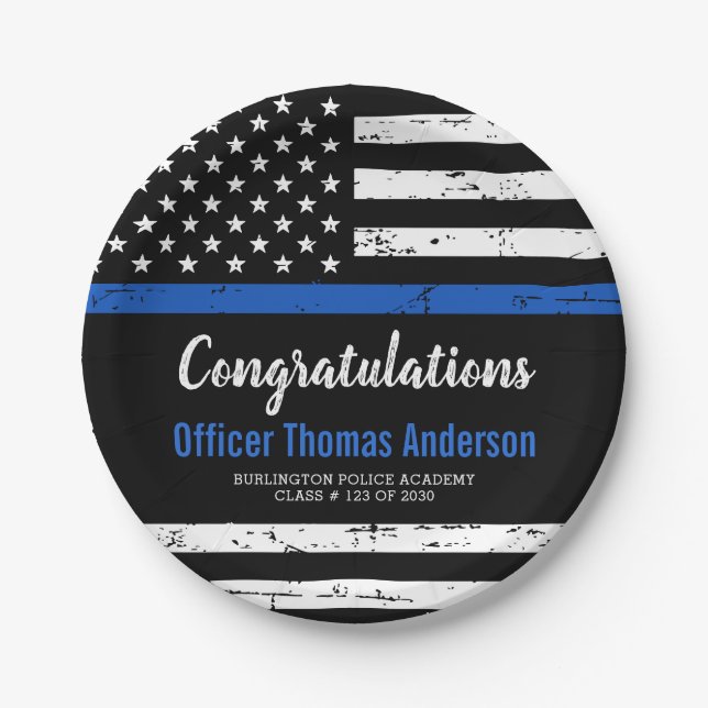 Police Graduation Party Worn Thin Blue Line Flag Paper Plates (Front)