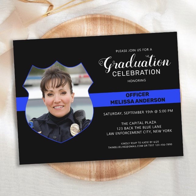 Police Graduation Photo Thin Blue Line Party Announcement Postcard (Creator Uploaded)