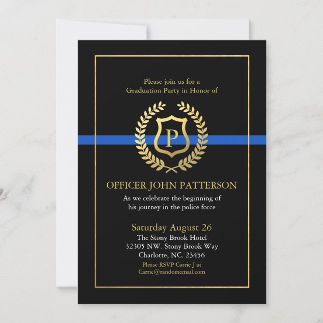 Police Graduation | Retirement Themed Monogram Invitation (Front)