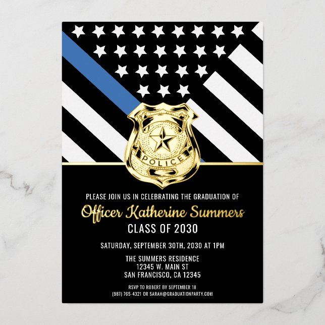 Police Graduation Thin Blue Line Law Enforcement Foil Invitation (Front)