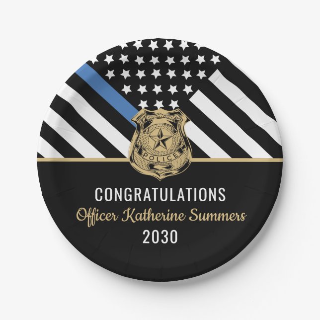 Police Graduation Thin Blue Line Law Enforcement Paper Plates (Front)