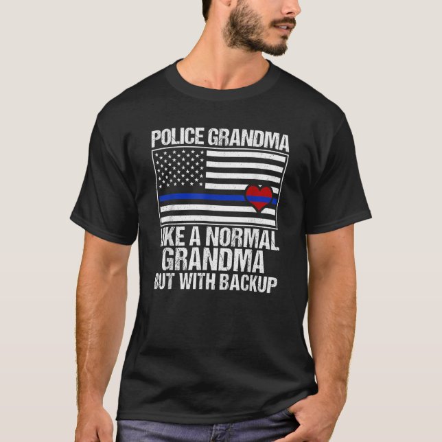 Police Grandma Blue Line Flag Heart T-Shirt (Front)