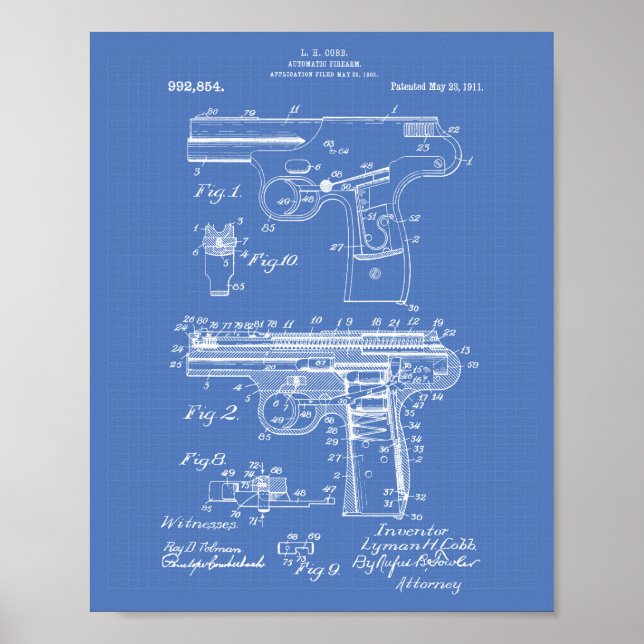 Police Gun 1911 Patent Art - Blueprint Poster (Front)