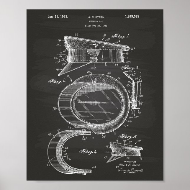 Police Hat 1933 Patent Art - Chalkboard Poster (Front)