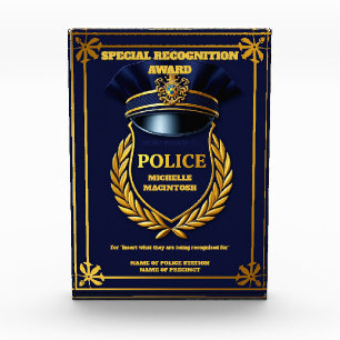 Police hat year end achievement blue gold wreath acrylic award