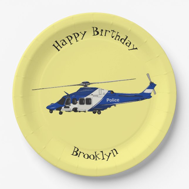 Police helicopter cartoon illustration paper plates (Front)