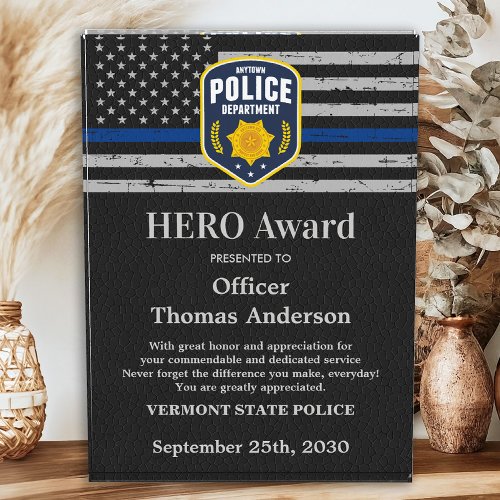 Police HERO Custom Logo Recognition Thin Blue Line Acrylic Award