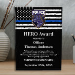 Police HERO Custom Logo Thin Blue Line Service  Acrylic Award<br><div class="desc">Celebrate and show your appreciation to an outstanding Police Officer with this Thin Blue Line Police HERO Award - American flag design in Police Flag colors , modern black blue design with custom police department logo. Personalize this police officer award with officers name, text with law enforcement department name, logo...</div>