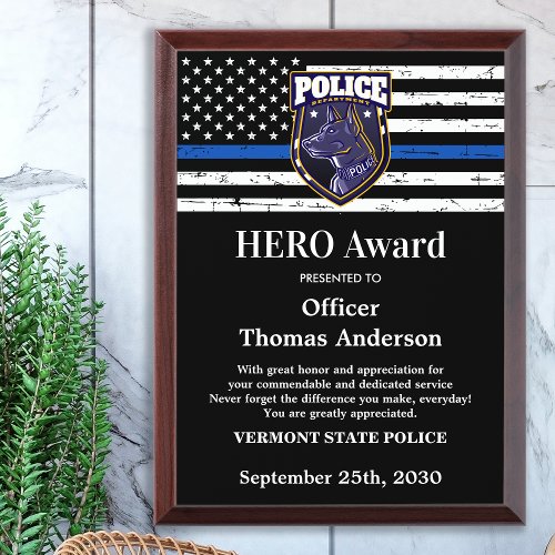 Police HERO Custom Logo Thin Blue Line Service  Award Plaque