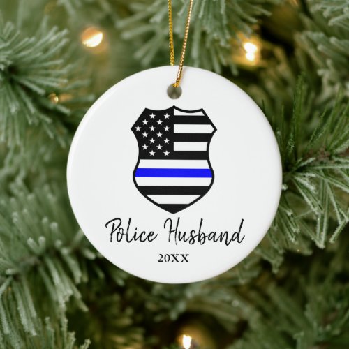 Police Husband Personalized Thin Blue Line Shield Ceramic Ornament