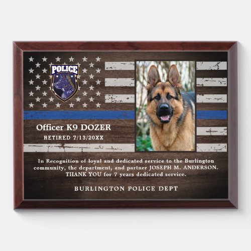 Police K9 Dog Law Enforcement Officer Retirement A Award Plaque
