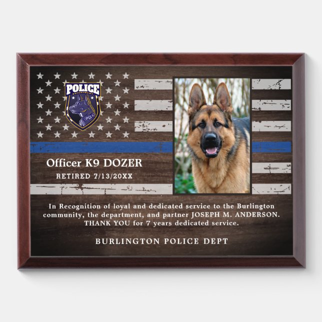 Police K9 Dog Law Enforcement Officer Retirement A Award Plaque (Horizontal)
