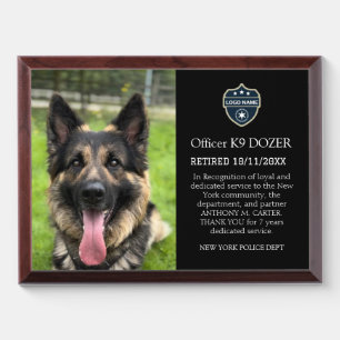 Police K9 Dog Law Enforcement Officer Retirement Award Plaque