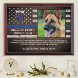 Police K9 Dog Law Enforcement Officer Retirement Award Plaque<br><div class="desc">Honor your best partner and police dog for his dedicated years of service with this Thin Blue Line Police Dog Retirement Appreciation Photo award plaque. Personalize with your police K9 officer's photo, name, personal message, service dates and service years. Also personalize with badge, department logo or seal. Perfect for police...</div>