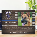 Police K9 Dog Law Enforcement Officer Retirement Plaque<br><div class="desc">Honor your best partner and police dog for his dedicated years of service with this Thin Blue Line Police Dog Retirement Appreciation Photo plaque. Personalize with your police K9 officer's photo, name, personal message, service dates and service years. Also personalize with badge, department logo or seal. Perfect for police K9...</div>